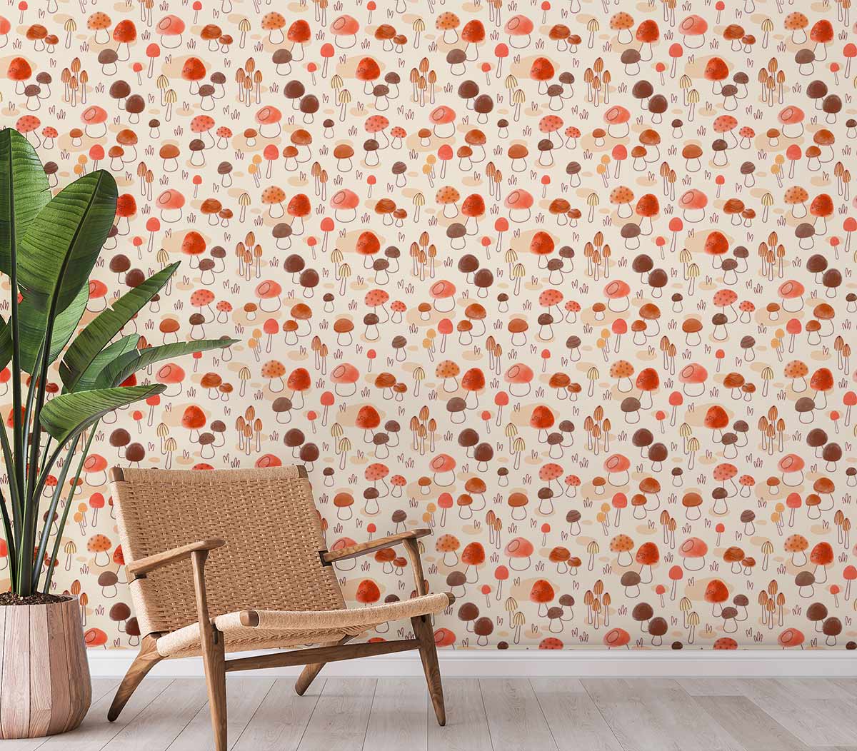 Autumnal Mushroom Delight wallpaper in earthy tones, wicker chair, plant, wood flooring, nature-inspired decor.