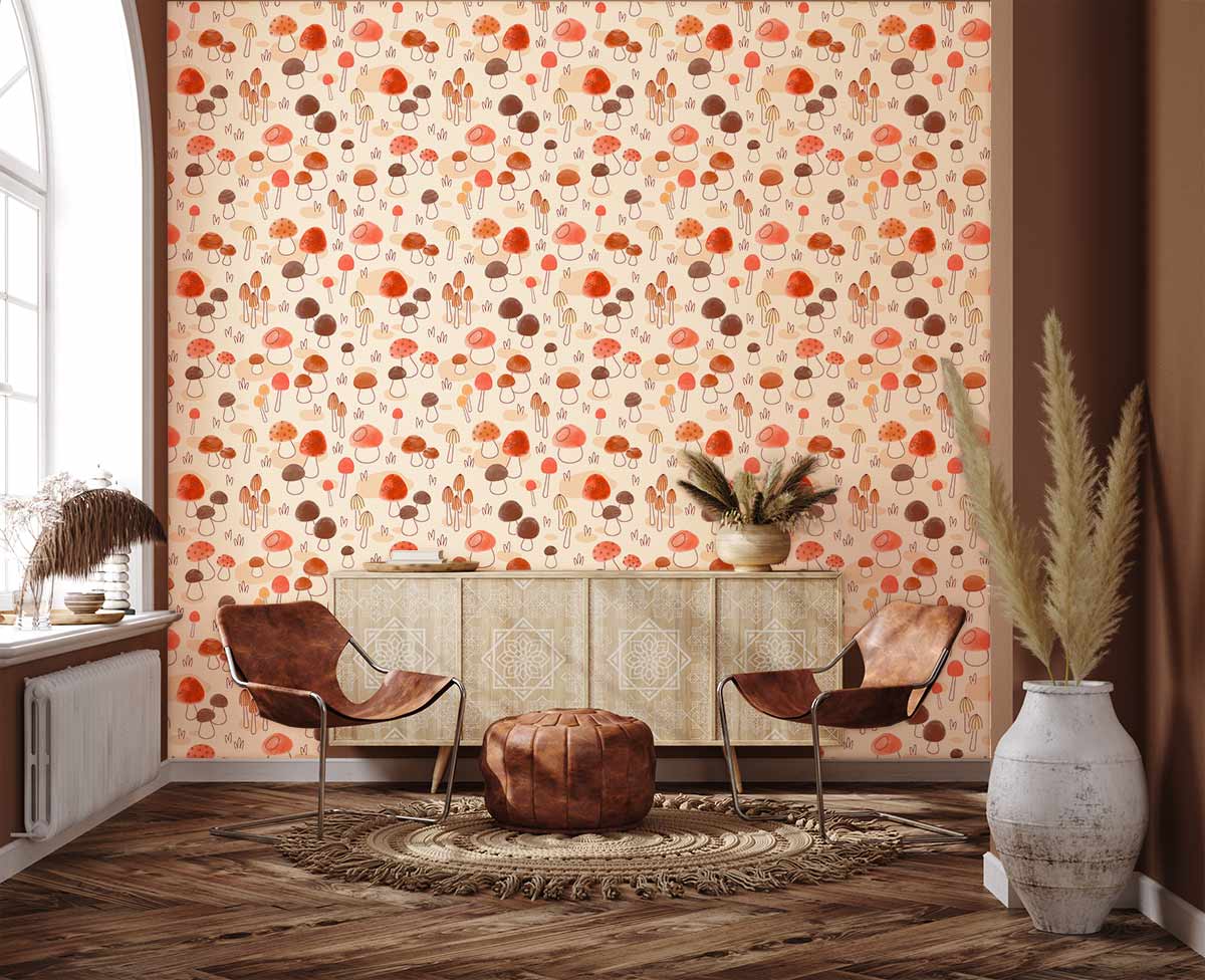 Autumnal Mushroom Delight Wallpaper, nature-inspired decor, earthy tones, chairs, wooden flooring, living room.