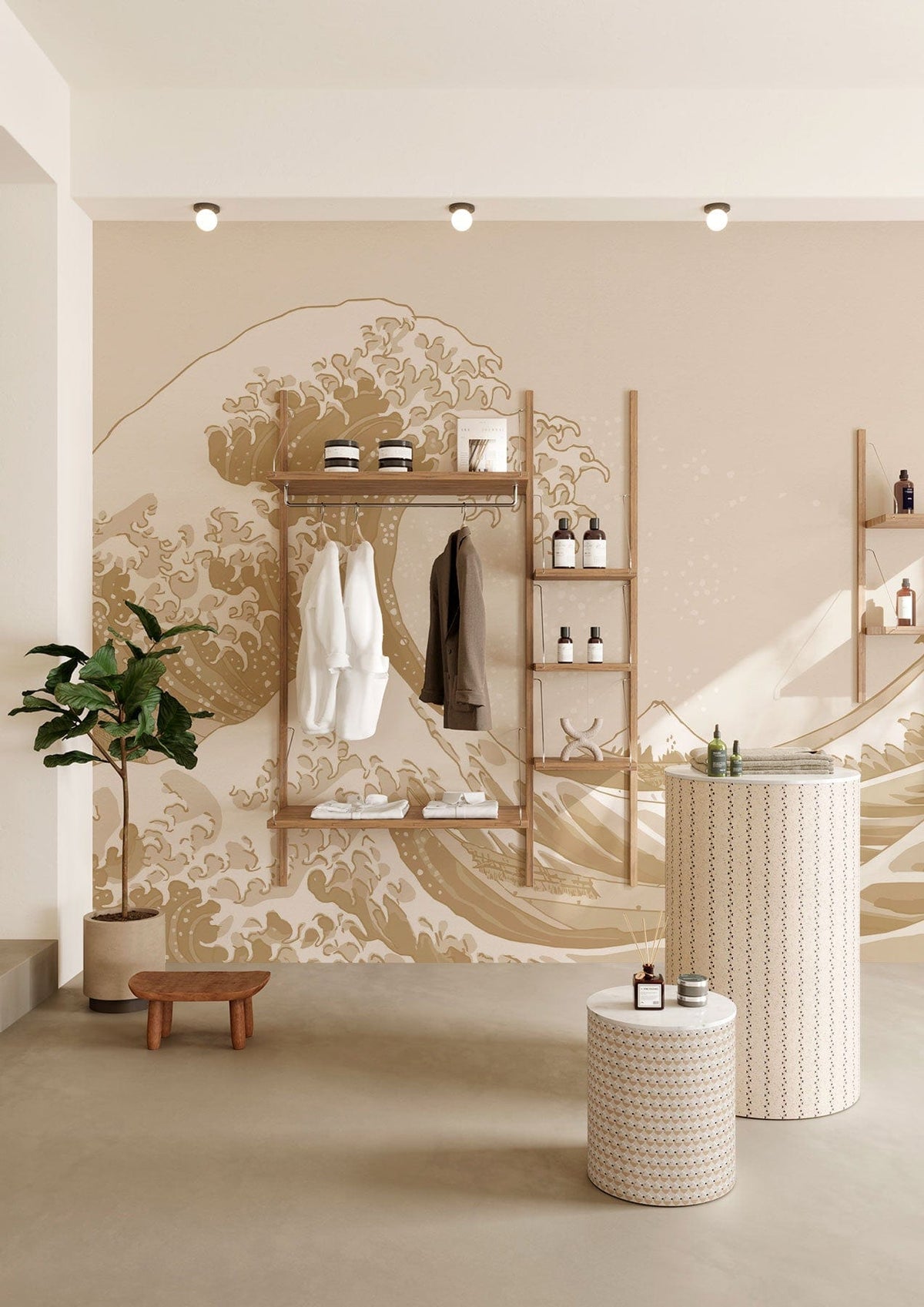 Beige Japanese Wave Mural Wallpaper on accent wall with wooden shelves in stylish contemporary living room.
