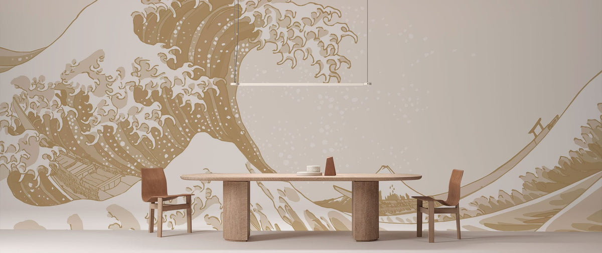 Beige Japanese Wave Mural Wallpaper in dining room with wooden table and chairs, elegant coastal decor.