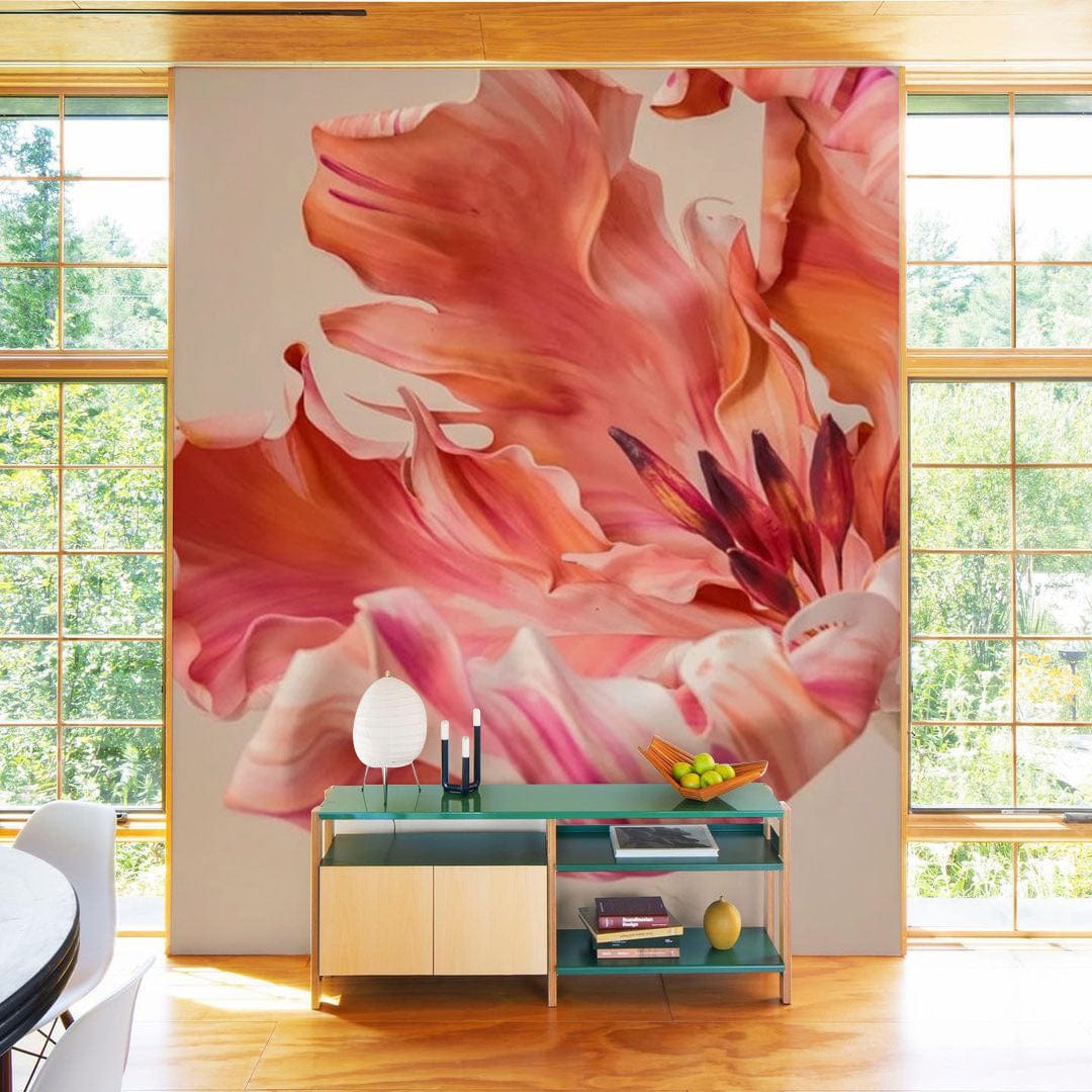 Floral Elegance tulip mural, stylish interior, wooden flooring, modern shelving, natural light ambiance.