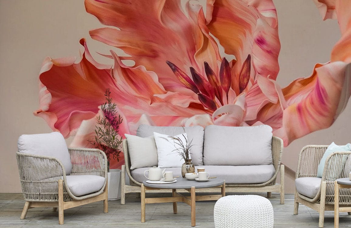 Floral Elegance tulip mural with stylish beige sofa, wicker chairs, light wood flooring, cosy living room.