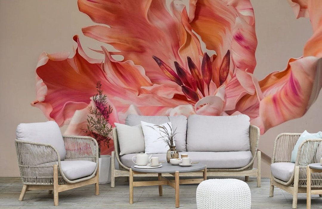 Floral Elegance tulip mural with stylish beige sofa, wicker chairs, light wood flooring, cosy living room.
