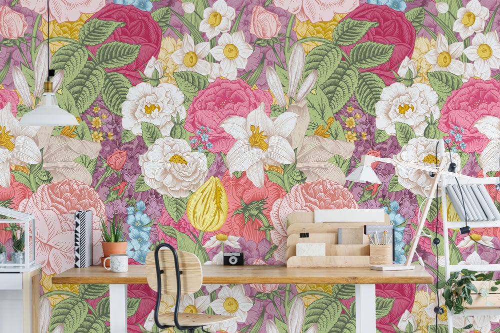 Vibrant Floral Garden Bliss Wallpaper, vintage botanical design, study room with wooden desk and chair.