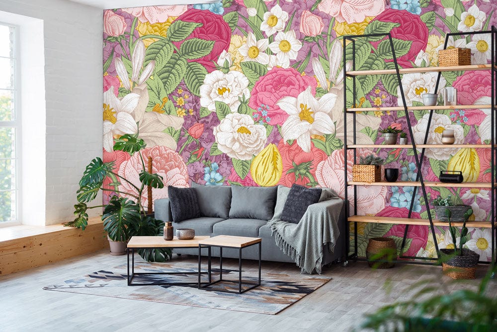 Vibrant floral wallpaper in living room, grey sofa, wooden coffee table, industrial shelf, light flooring.