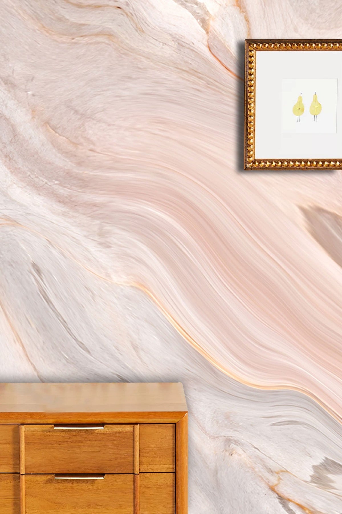 Elegant Marble Swirl Wallpaper in peach, soft grey; wooden cabinet, framed artwork enhanced interior.