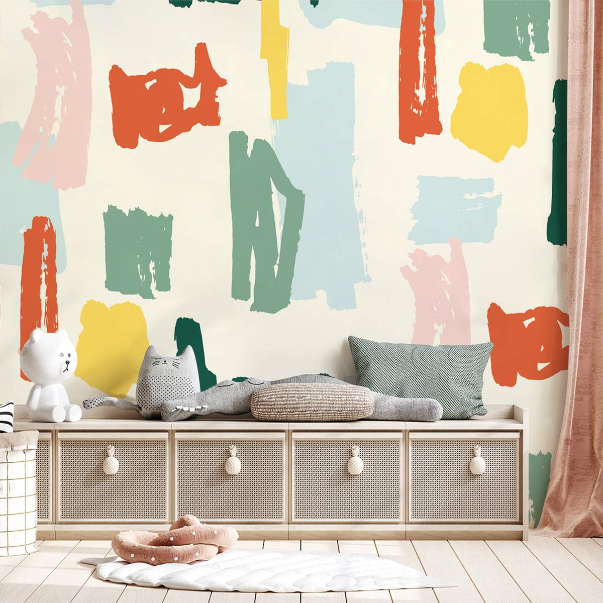 Colourful brushstroke wallpaper in contemporary room featuring neutral furniture with playful cat decor accents.