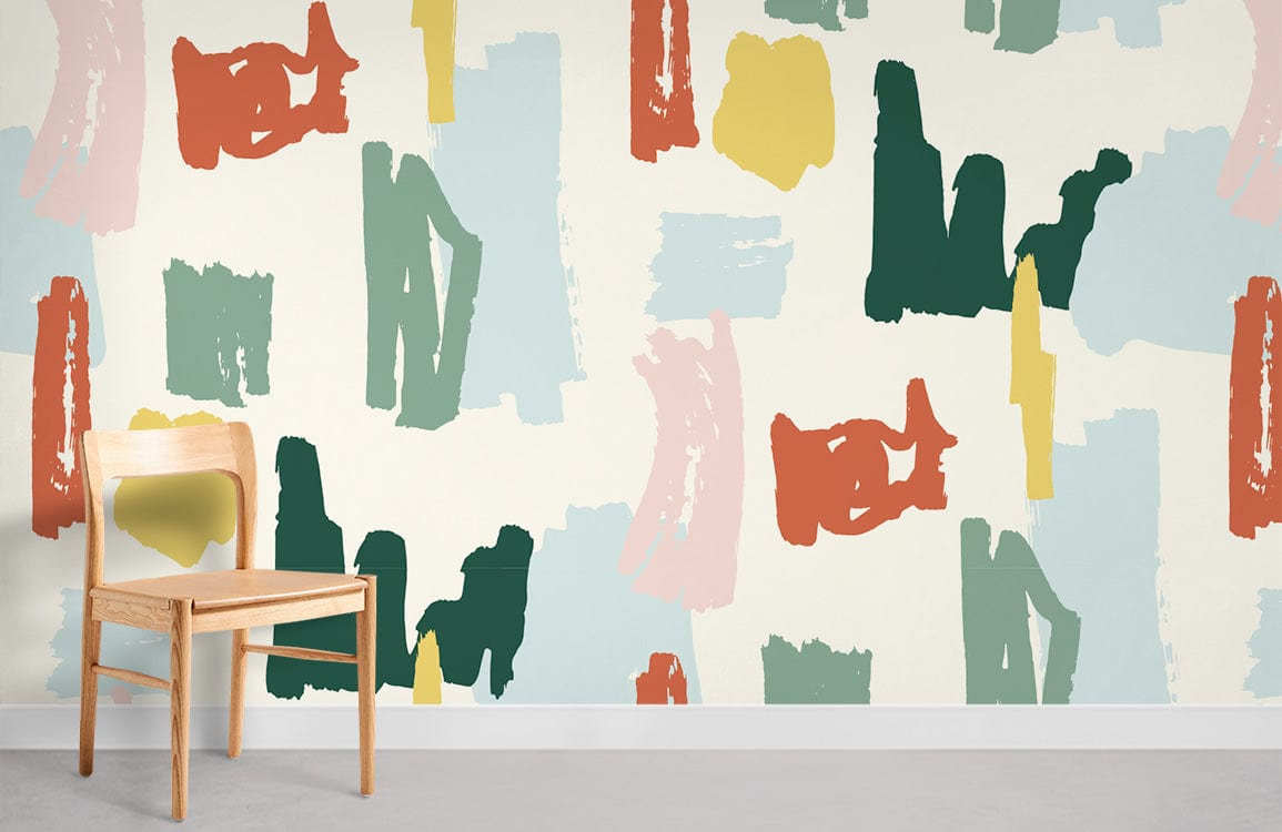 Abstract Colourful Brushstroke Pattern Wallpaper in modern room with wooden chair, concrete flooring, artistic design.