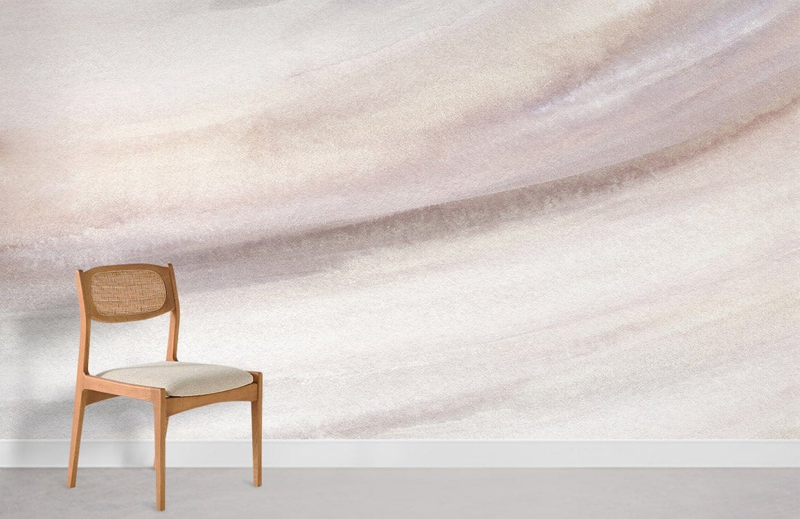 Elegant beige watercolour swirl contemporary mural wallpaper with wooden chair in modern interior setting.