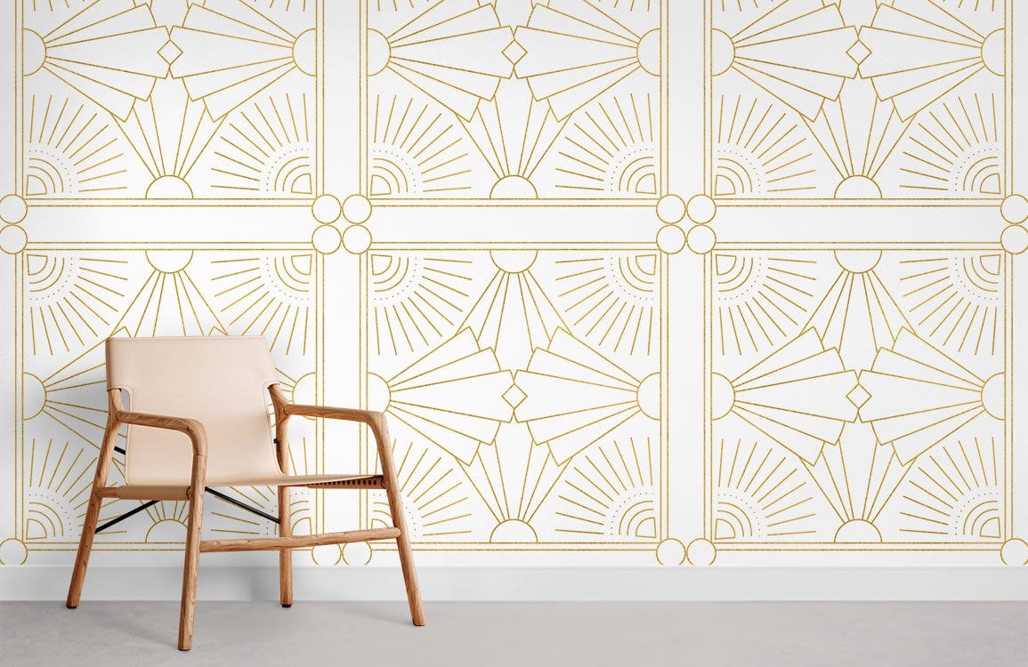 Golden Art Deco geometric wallpaper with beige chair; elegant vintage design in modern living space.