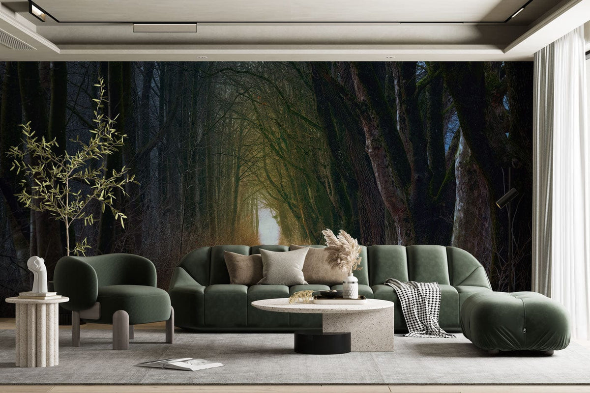 Enchanted Forest Mural Wallpaper in living room with a green sofa, light grey flooring, modern decor.