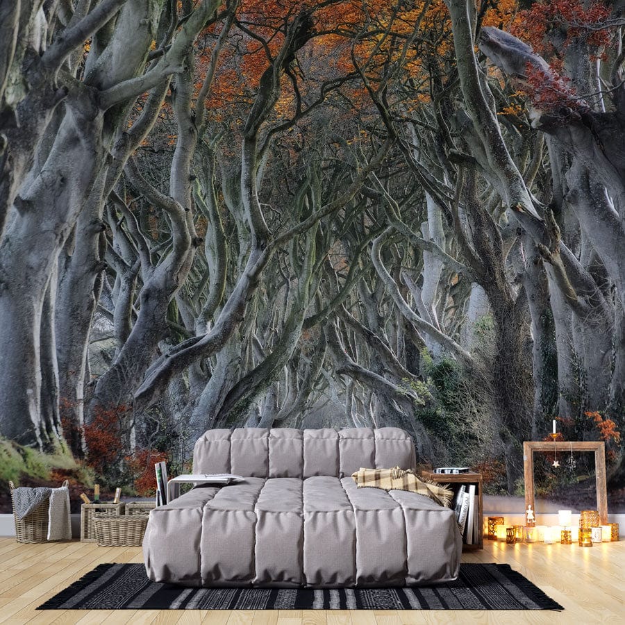 Enchanted Autumn Forest Mural, beige sofa, wooden flooring, cosy living room, nature-inspired Décor.