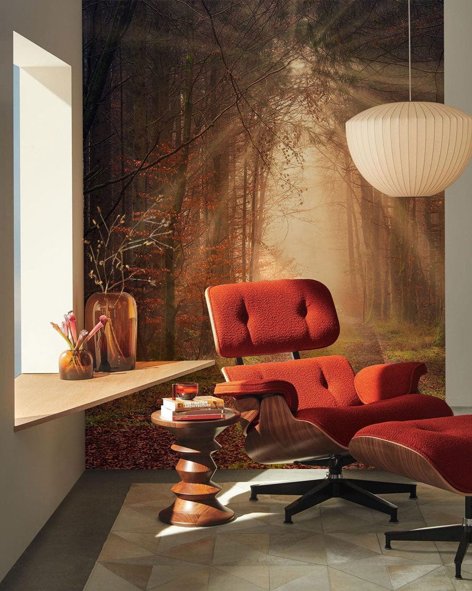Autumn sunlight mural wallpaper, red lounge chair, white pendant light, geometric flooring, modern living room.