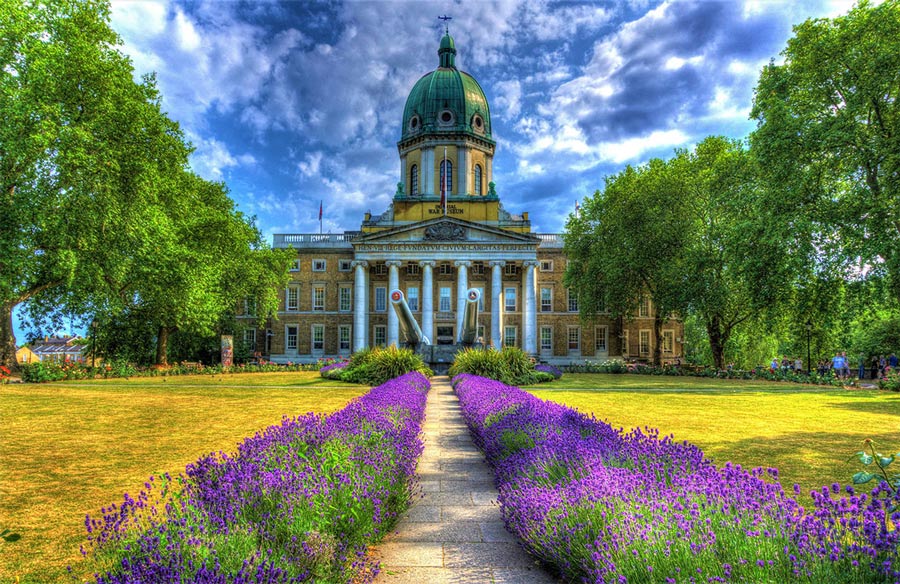 Historic Garden Pathway Mural Wallpaper with Lavenders and Grand Architecture