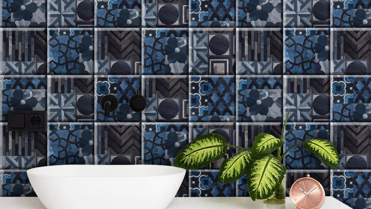 Midnight Blue Geometric Pattern Wallpaper with Sink and Greenery in Modern Bathroom Interior Design.