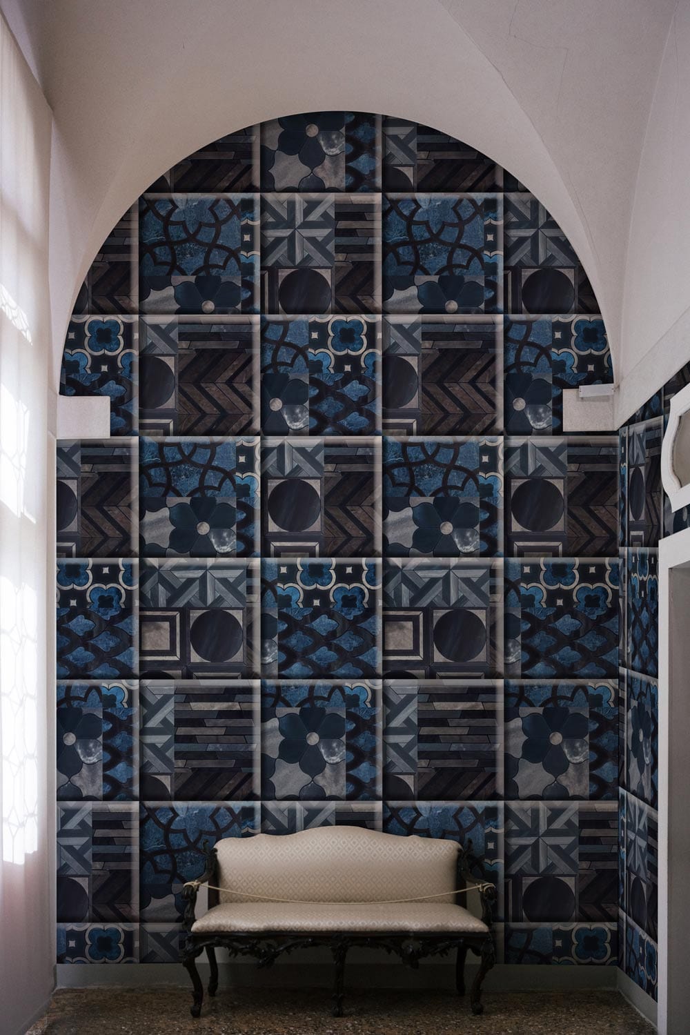 Midnight Blue Mosaic Wallpaper with modern geometric pattern, ornate beige sofa, elegant stone flooring, arched wall.