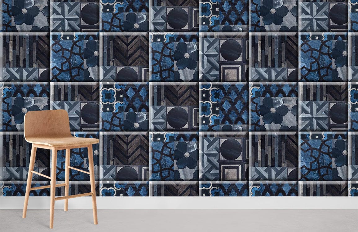 Midnight Blue Mosaic Geometric Pattern Wallpaper in modern room with wooden stool and grey flooring.