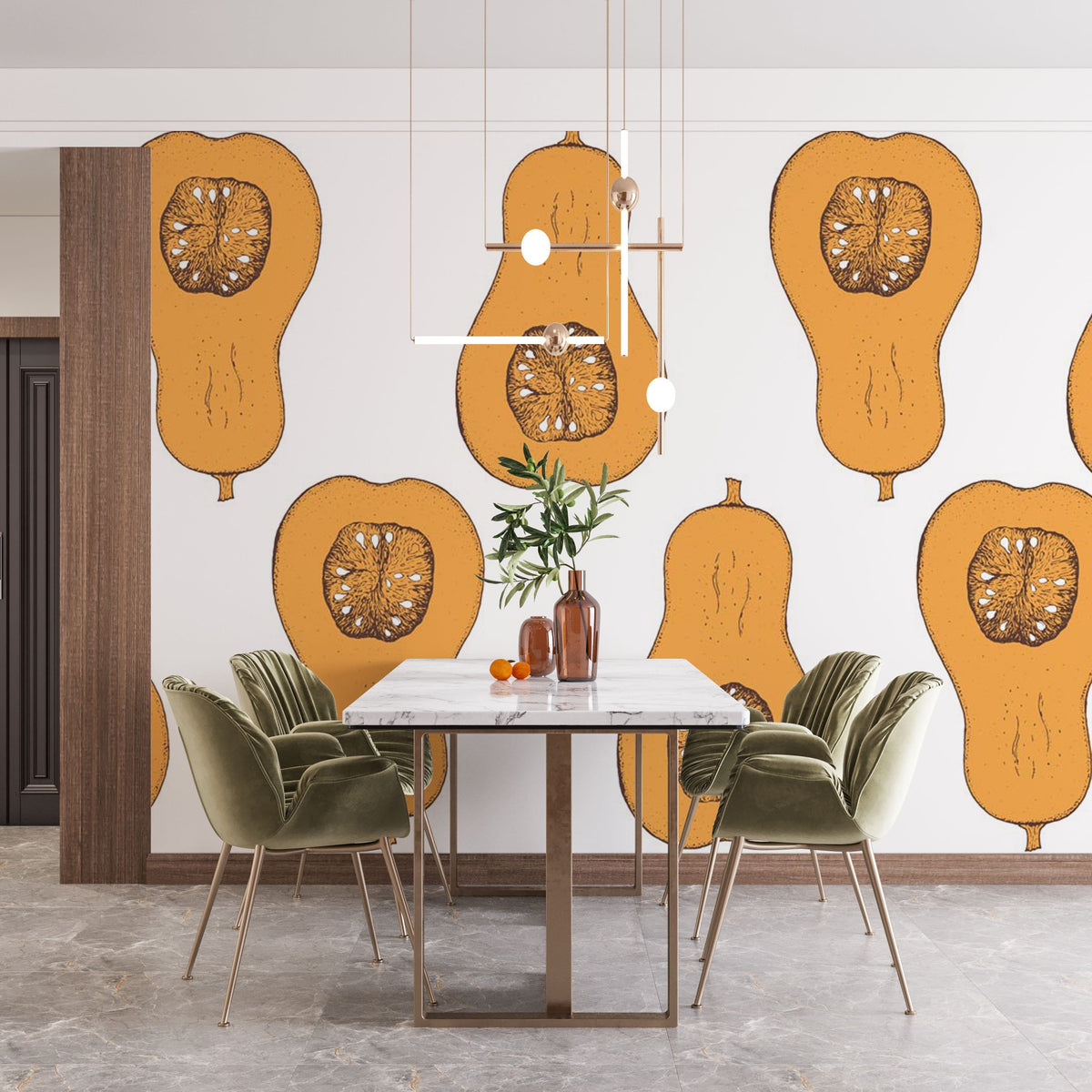 Autumn Harvest patterned wallpaper in dining room with green velvet chairs and marble table, earthy decor.