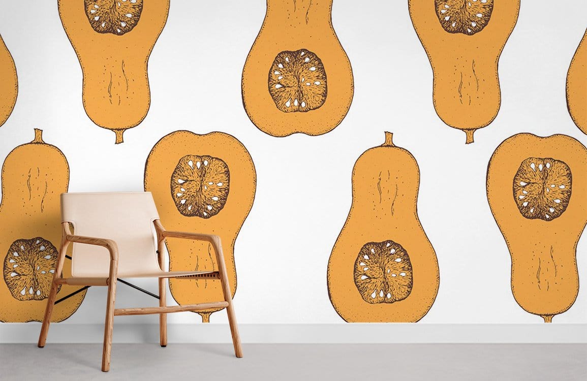 Autumn Harvest Butternut Squash wallpaper, earthy tones, wooden chair, minimalist room, neutral flooring.