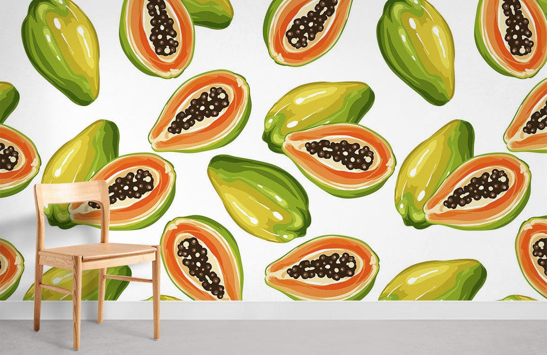 Tropical Papaya Paradise pattern wallpaper with colourful decor, wooden chair, and grey flooring in room setting.
