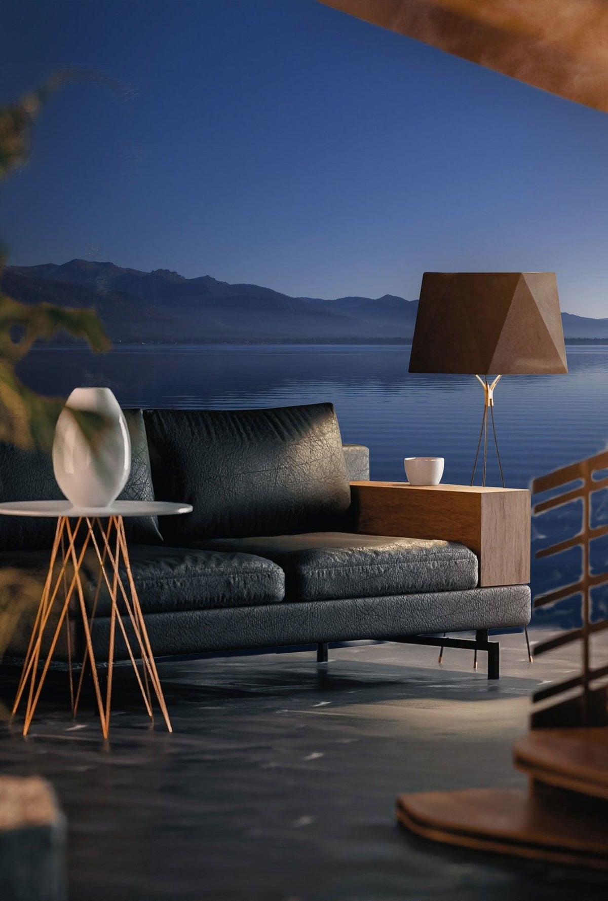 Panoramic blue lake wallpaper with dark sofa, modern lamp, and wooden floor in a cosy lounge.