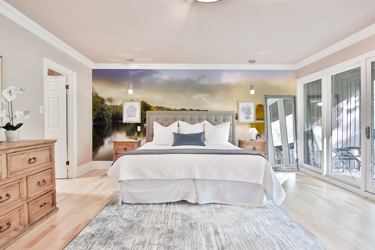 Bedroom with Tranquil Lakeside View: Serene Swan Mural Wallpaper, grey headboard, light wooden furniture, soft rug.