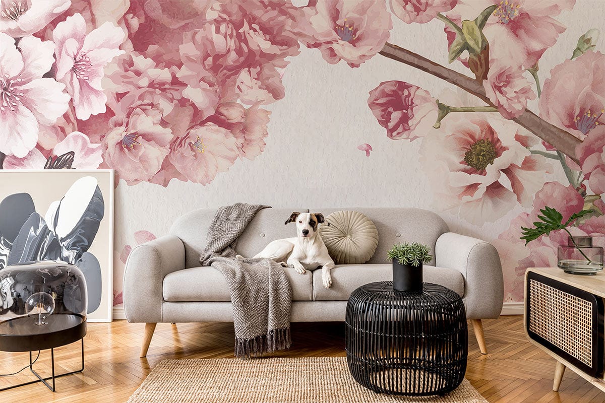 Vintage Blossom Garden Mural Wallpaper in living room, grey sofa, parquet flooring, wicker and rattan decor.