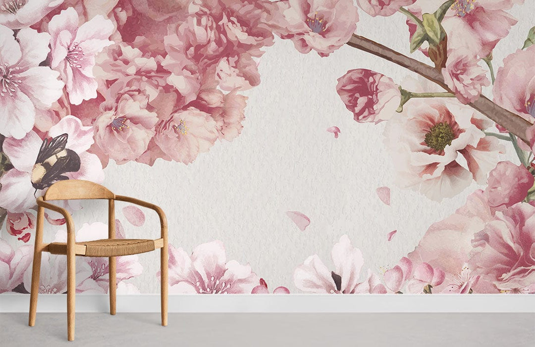 Pink floral wallpaper mural, wooden chair, minimalistic room, concrete flooring, Vintage Blossom design.