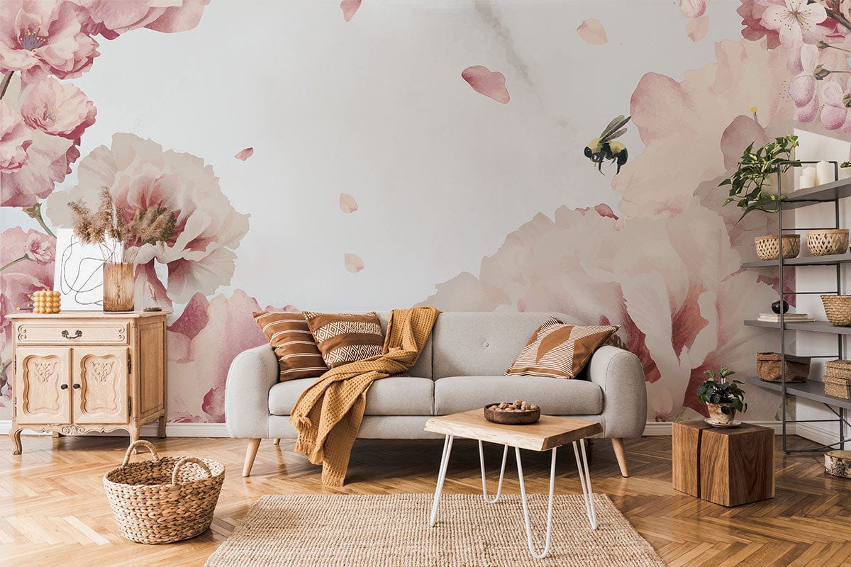 Living room with Blossoming Serenity floral mural, grey sofa, wooden furniture, and herringbone hardwood flooring.