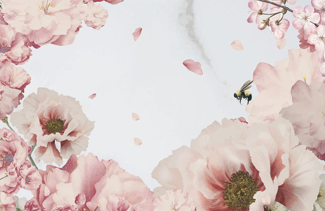 Blossoming Serenity: Pink Floral Mural Wallpaper with Delicate Bee Design