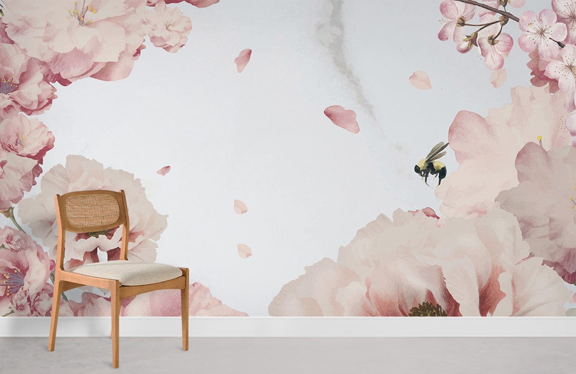Blossoming Serenity: Pink Floral Mural Wallpaper with Delicate Bee Design, wooden chair, light grey floor.