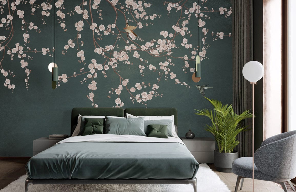Elegant Dark Green Floral Blossom Mural Wallpaper for Modern Bedroom Decor