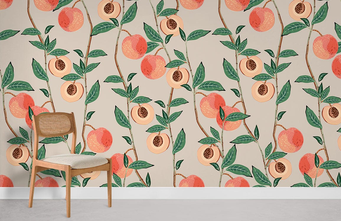Vintage peach botanical wallpaper in pastel green and coral, wooden chair, neutral flooring.