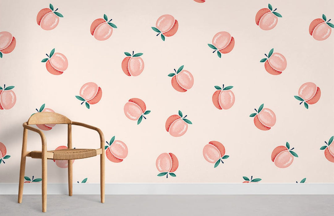 Charming Peach Pattern Wallpaper, soft pastel; wooden chair on grey floor in modern interior.