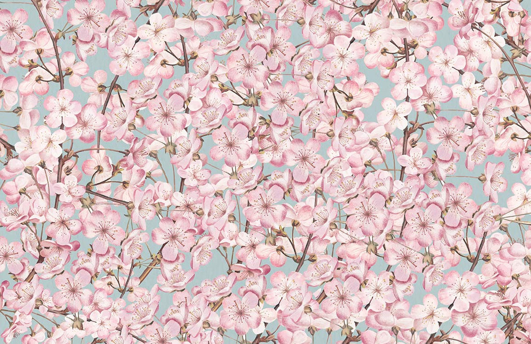 Elegant Cherry Blossom Floral Wallpaper in Soft Pink and Blue Tones