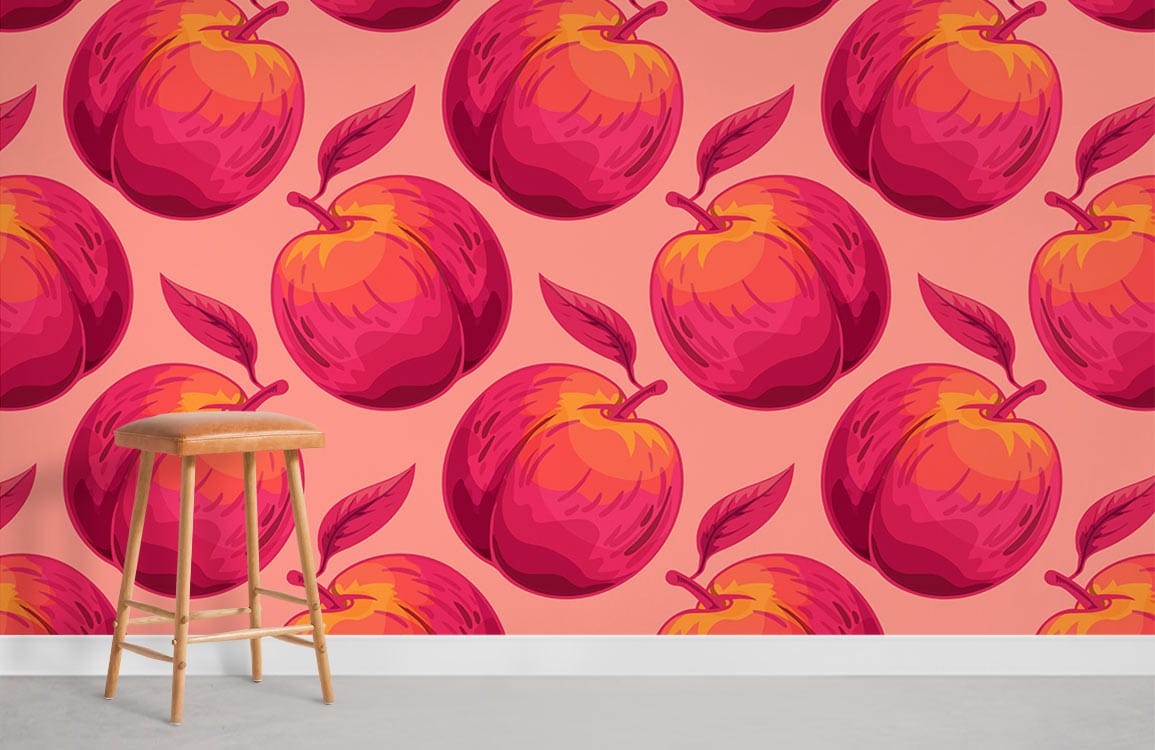 Vibrant peach wallpaper with pink-orange hues, wooden stool, grey flooring, modern room setting.