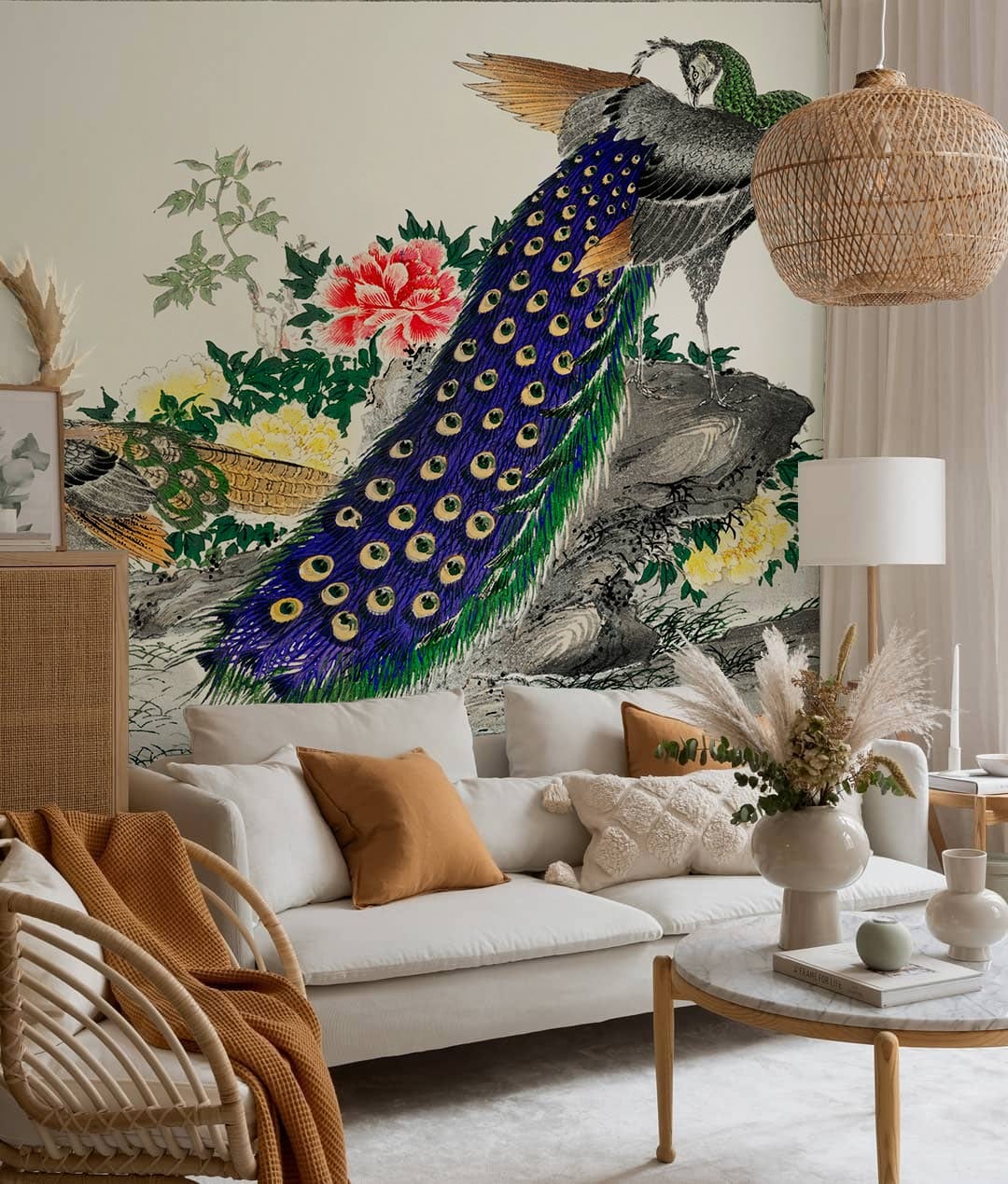 Elegant Peacock and Floral Oriental Mural Wallpaper; living room with beige sofa, wicker pendant light.