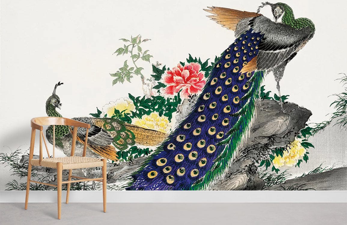 Elegant Peacock and Floral Oriental Mural Wallpaper with chair, vibrant design, grey floor in living room.