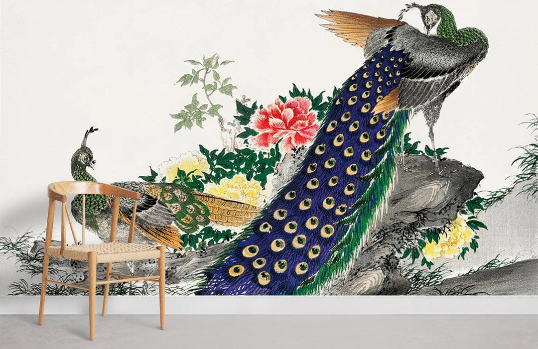 Elegant Peacock and Floral Oriental Mural Wallpaper with chair, vibrant design, grey floor in living room.