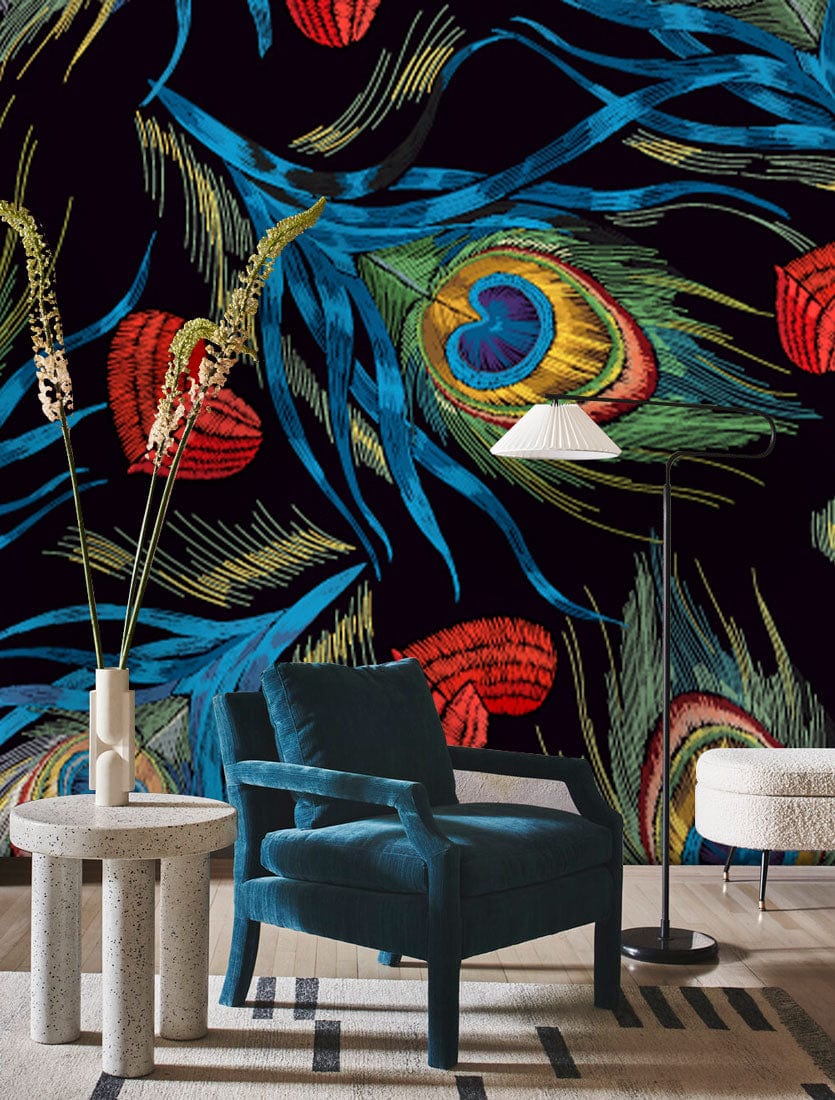 Vibrant Peacock Feather mural wallpaper with blue chair, textured rug, and modern floor lamp in living room.