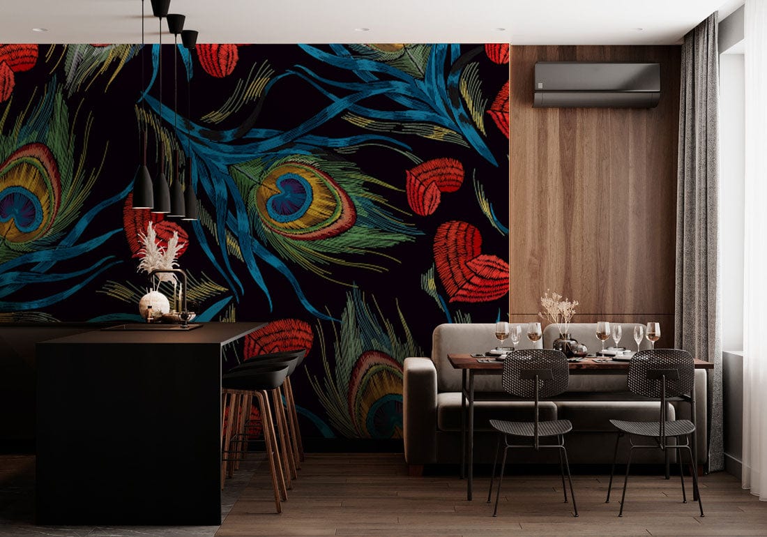 Modern dining room with peacock feather and red heart mural wallpaper, neutral sofa, wooden flooring.