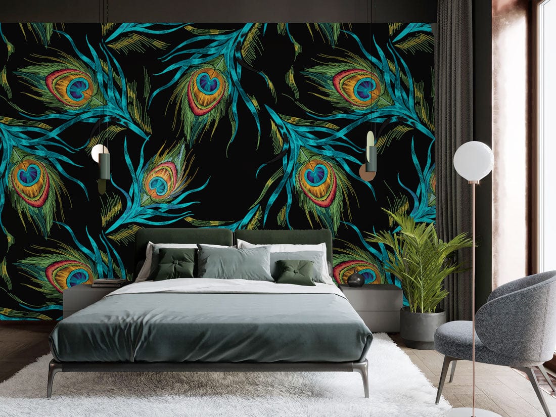 Tropical Peacock Feather Wallpaper, vibrant black-green decor, bedroom with grey sofa, wooden flooring.