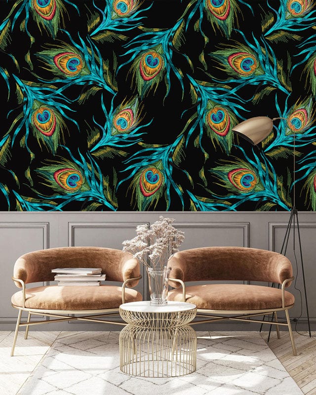 Tropical Peacock Feather Wallpaper, chic Décor with beige armchairs, wicker table, and wooden flooring.