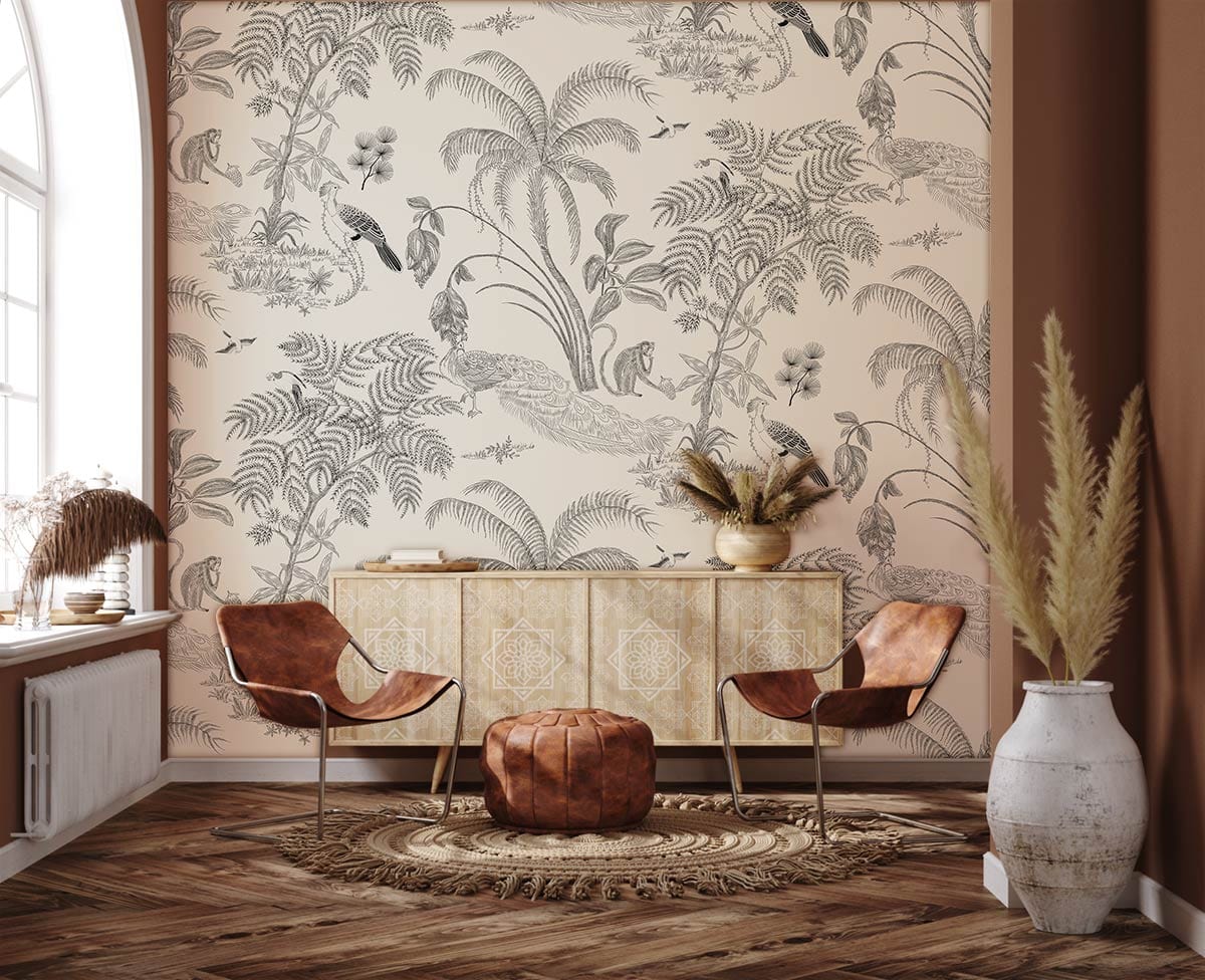 Tropical vintage jungle wallpaper in elegant living room with brown leather chairs, patterned cabinet, wood flooring.