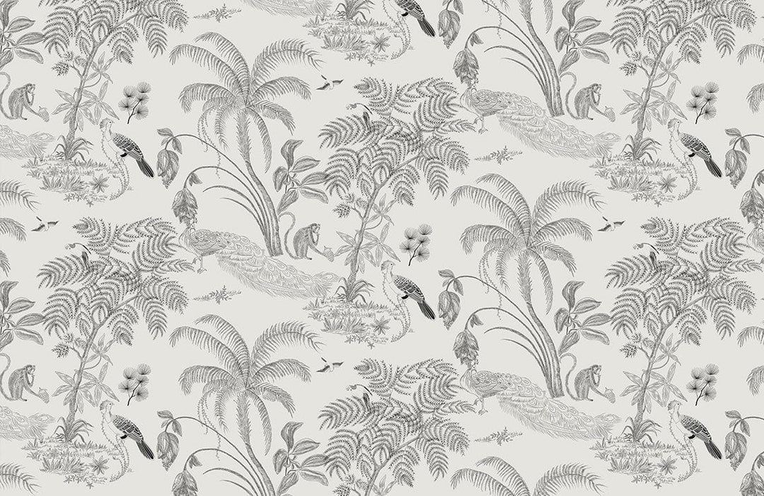 Tropical Vintage Jungle Grey Botanical Wallpaper - Elegant Nature Pattern Design