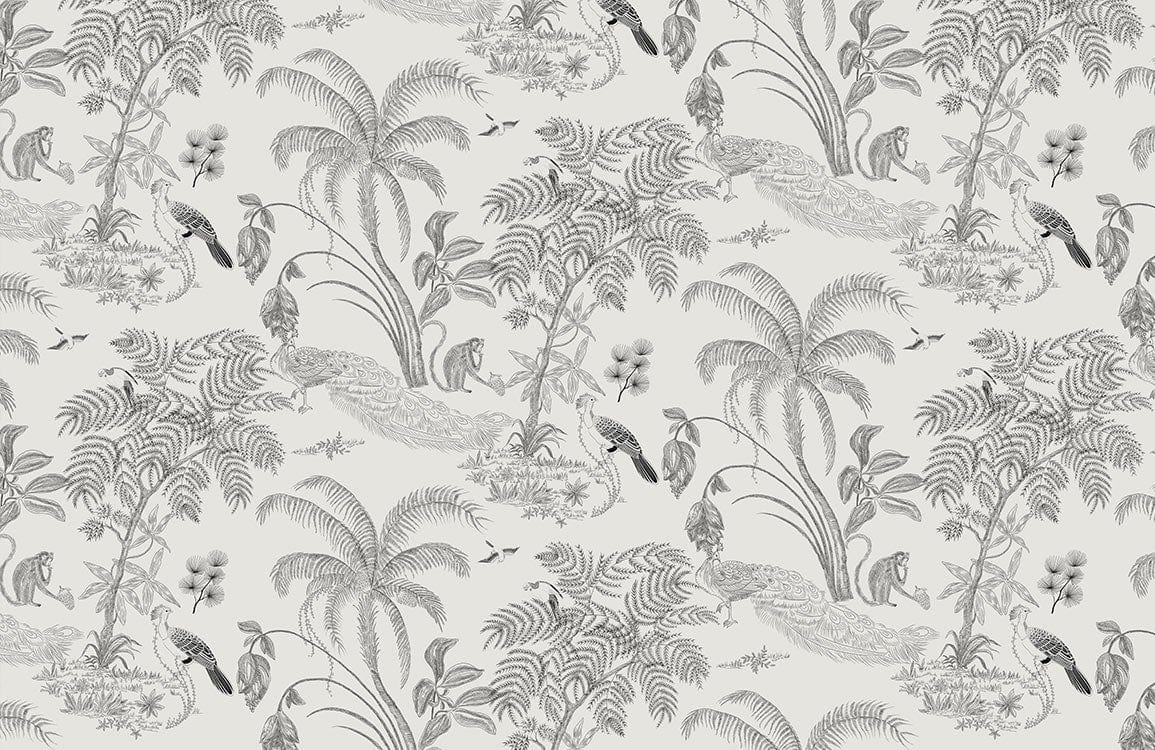 Tropical Vintage Jungle Grey Botanical Wallpaper - Elegant Nature Pattern Design