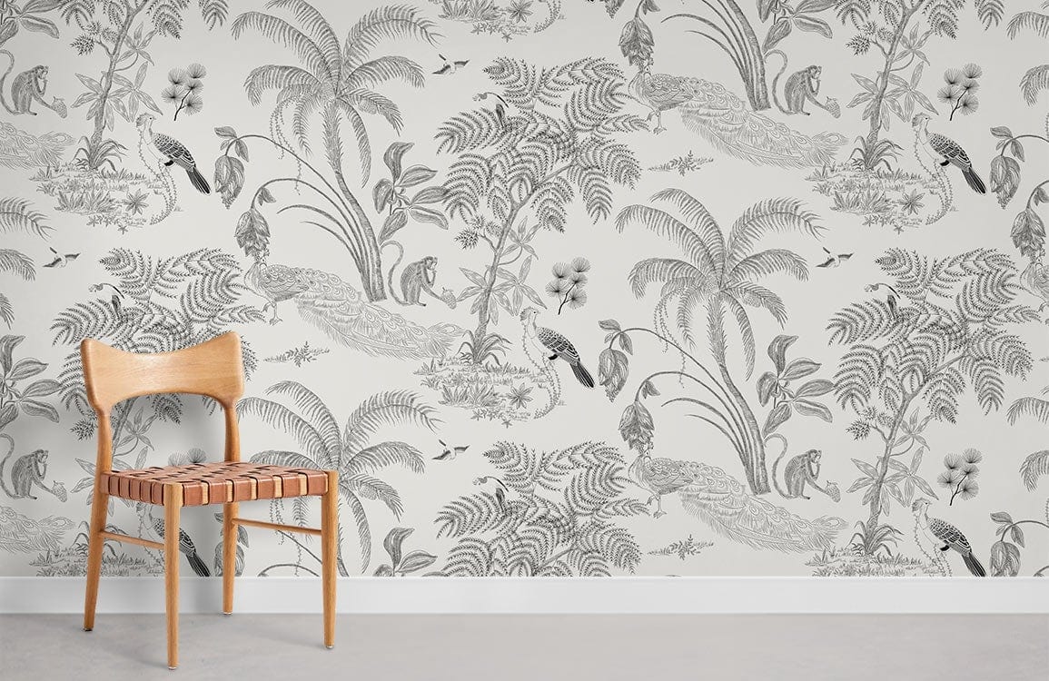 Tropical Vintage Jungle Grey Wallpaper with wooden chair, elegant nature theme, in modern room setting.