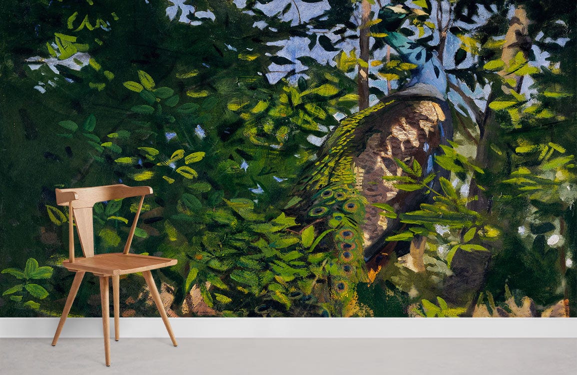 Enchanting Forest Peacock mural wallpaper in green; wooden chair; modern room decor idea.