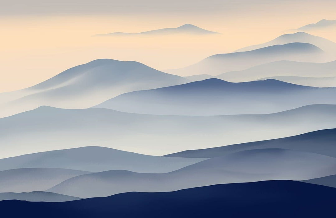 Serene Blue Mountain Landscape Mural Wallpaper - Calming Horizon Decor Art.