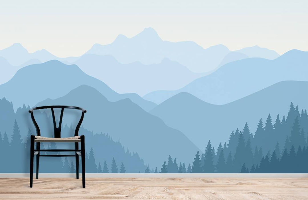 Tranquil Blue Mountain Landscape Mural Wallpaper, wooden chair, light wood flooring, serene room design.